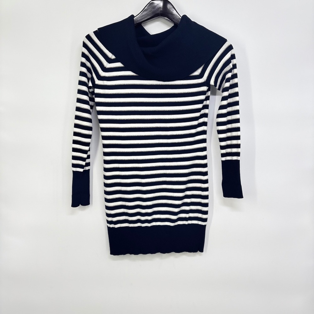 Y2K Cache Womens Navy White Striped Cowl Neck Metallic Knit Sweater Size S